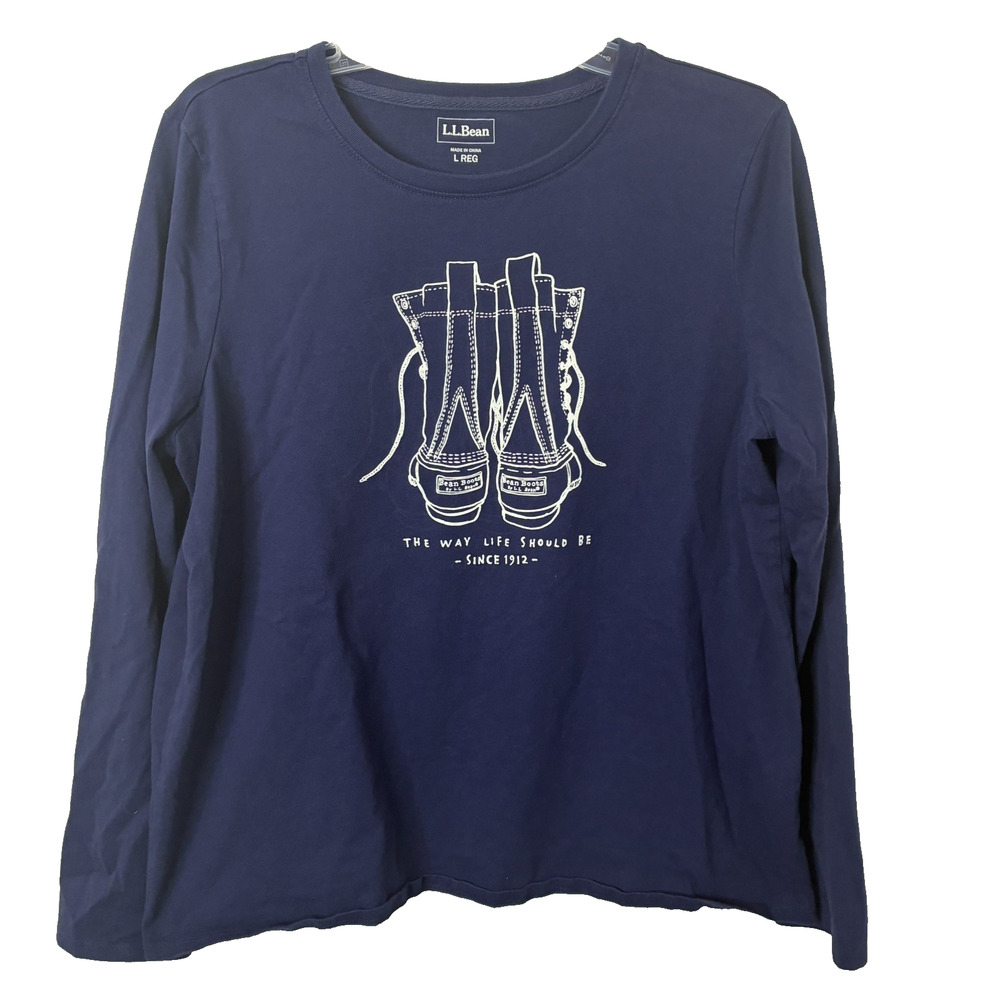 L.L. Bean Women's Bean Boots Long Sleeve Navy Graphic T-Shirt Size Large